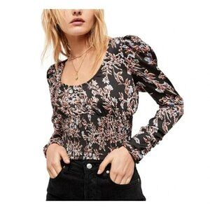 FREE PEOPLE Santiago Black Floral Smocked Cropped Blouse - Size Small